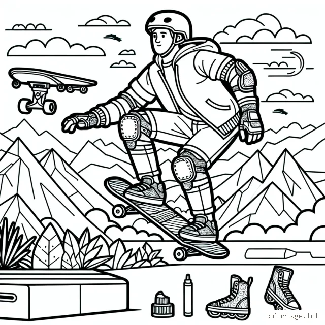 Imaginer un sportif en action, faisant du skateboard sur une rampe avec des montagnes et le ciel en arrière-plan. Le personnage vêt d'une tenue de sport décontractée, complet avec casque, protège-genoux et coudières. Il y a aussi d'autres équipements de sports extrêmes dans le fond à colorer.