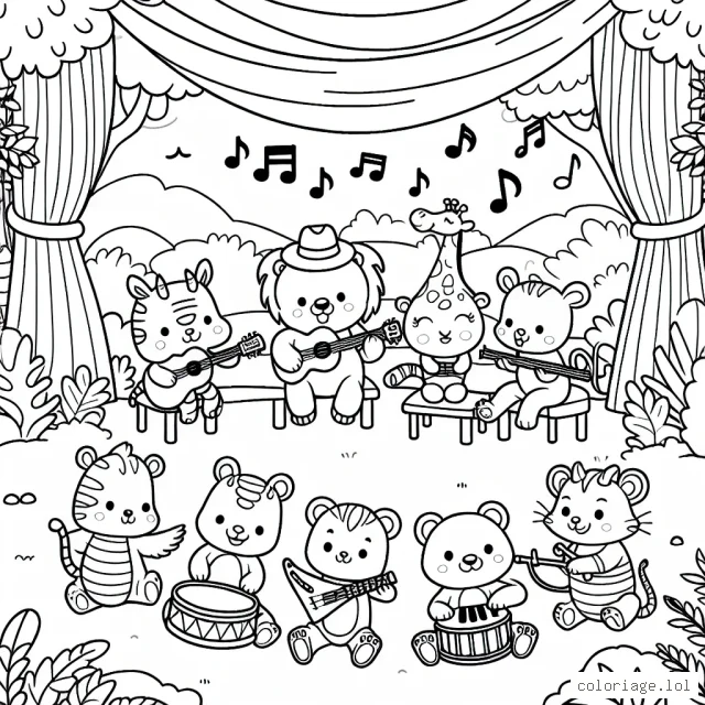 Mélodie de la jungle avec des animaux jouant des instruments de musique
