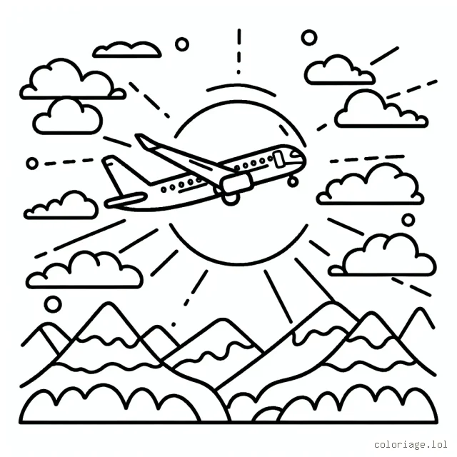 Un avion porte-passagers en plein décollage sous un ciel vibrant avec des montagnes en arrière-plan