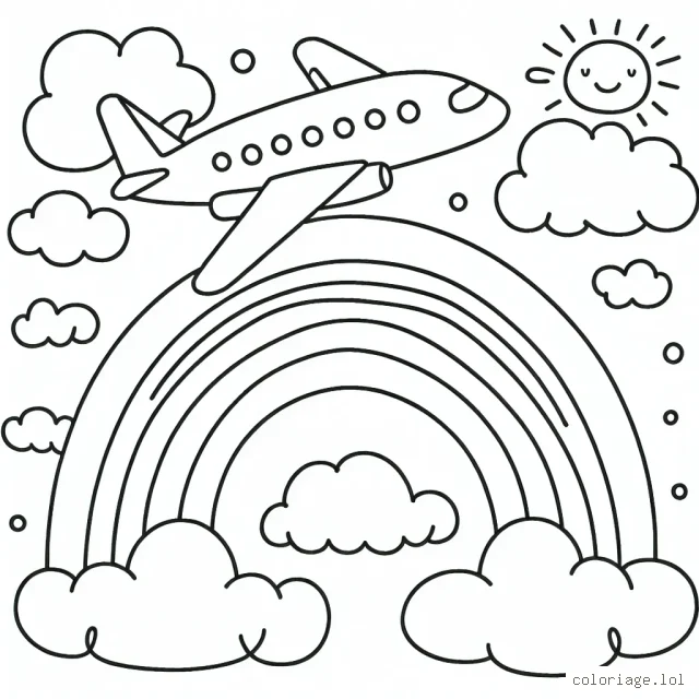 Un avion volant au-dessus des nuages avec un arc-en-ciel pour fond