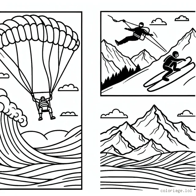 Dessine un parachutiste survolant les montagnes, un surfeur chevauchant une vague géante et un skieur dévalant une pente raide.