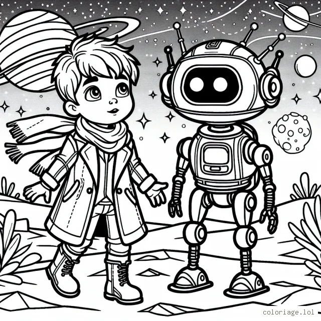 Voici un dessin d'un petit garçon courageux qui explore une planète lointaine avec son incroyable robot. Bon courage pour lui donner des couleurs vives et excitantes!