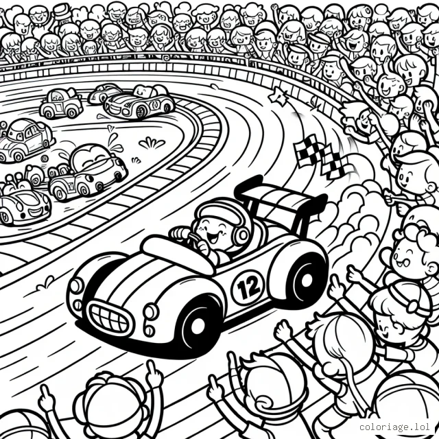 Dessinez une course de voitures animées sur une piste serpentine avec une foule de supporters animés.