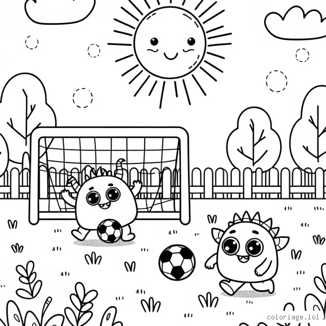 Deux adorables petits monstres jouent au football dans un parc ensoleillé.