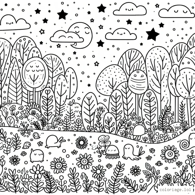 Amuse-toi à colorer ce dessin d'une forêt enchantée peuplée de petites créatures féeriques se déplaçant parmi les fleurs et les arbres sous un ciel étoilé.