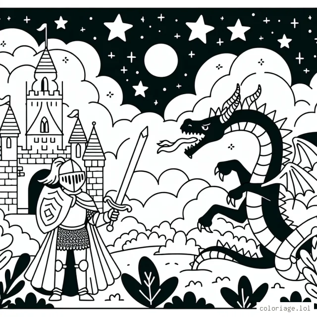 Un chevalier courageux protégeant un château enchanteur contre un dragon effrayant sous un ciel étoilé