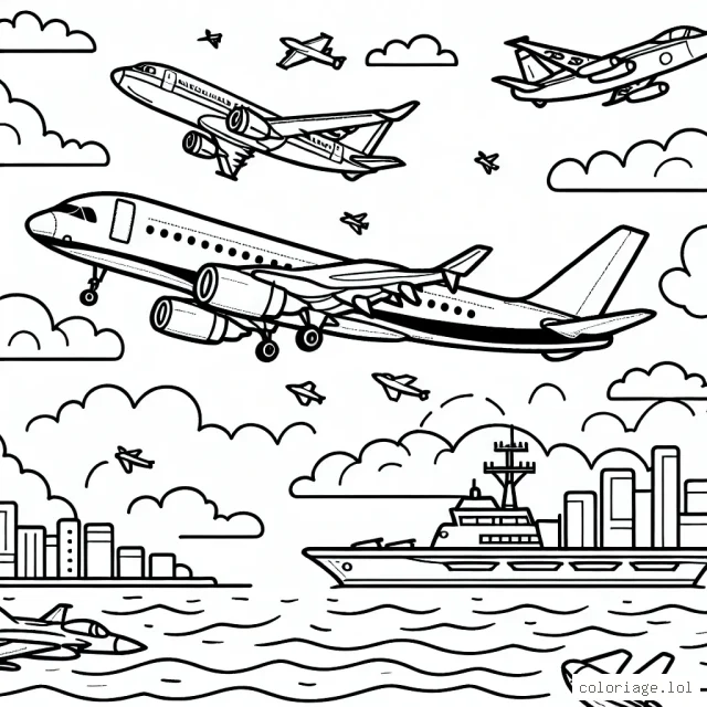 Un avion de ligne survole la ville tandis qu'un avion de chasse s'envole depuis un porte-avions en mer.
