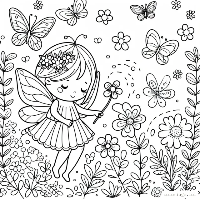 Une petite féérique parmi des fleurs et des papillons