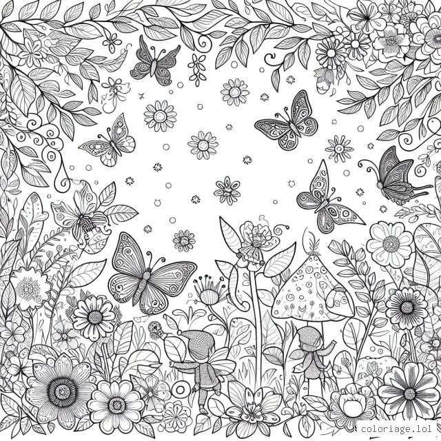 Explore un jardin magique rempli de fleurs fantaisistes, de papillons colorés et de petits lutins jouant cachette parmi les feuilles. Que de trésors cachés et de surprises tu trouveras en coloriant !