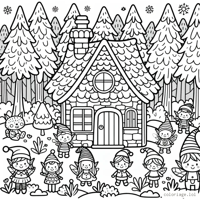 Dessine une maison enchantée dans la forêt avec des elfes et des animaux joyeux autour