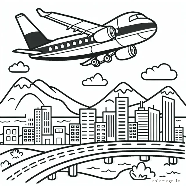 Un avion survolant une ville animée avec des montagnes en arrière-plan