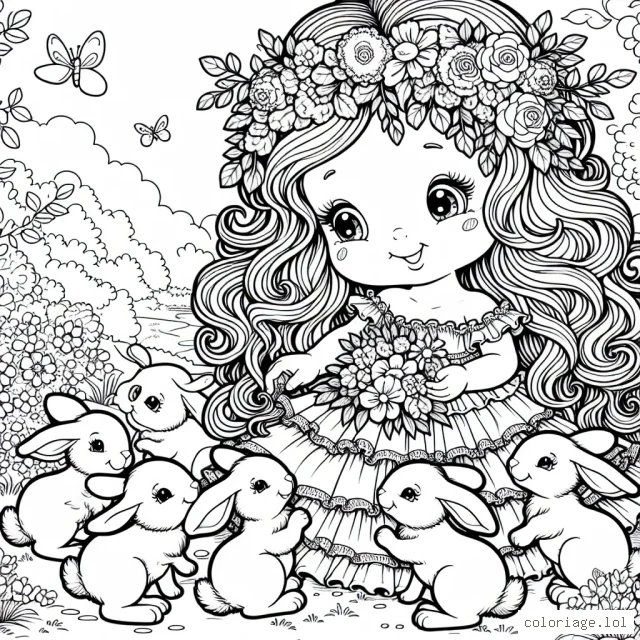 C'est une magnifique journée d'été, où une adorable petite princesse aux cheveux longs et ondulés, vêtue d'une jolie robe à volants est en train de nourrir avec amour un groupe de lapins dans son jardin enchanteur. Éclaboussez ce tableau avec vos couleurs favorites!