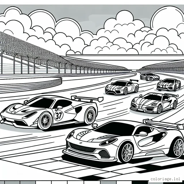 Dessine et colore une course passionnante de voitures de sport sur une piste de course animée.