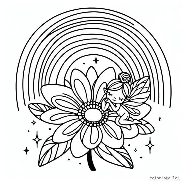 Une petite fée aux ailes délicates se repose sur une grosse fleur épanouie sous un arc-en-ciel flamboyant.
