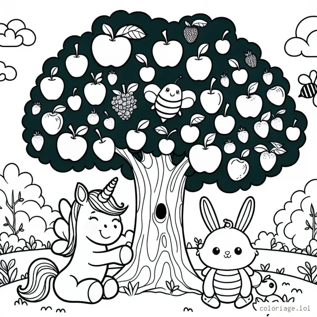 Dans une clairière, un licorne joyeuse, une abeille travailleuse et un lapin espiègle jouent ensemble autour d'un arbre centenaire rempli de fruits colorés