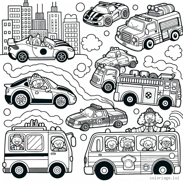 Un défilé coloré de voitures différentes se fraye un chemin dans une ville animée. Il y a des voitures de sport rapides, des camions de pompiers clignotants, des autobus de ville bondés et même une voiture de clown amusante. Chaque voiture porte son propre ensemble de détails uniques à colorier : des autocollants, des rayures, des lumières clignotants et plus encore.
