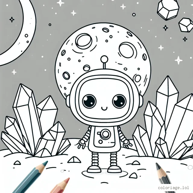 Dessinez un paysage lunaire avec un petit robot curieux et des cristaux de lune.