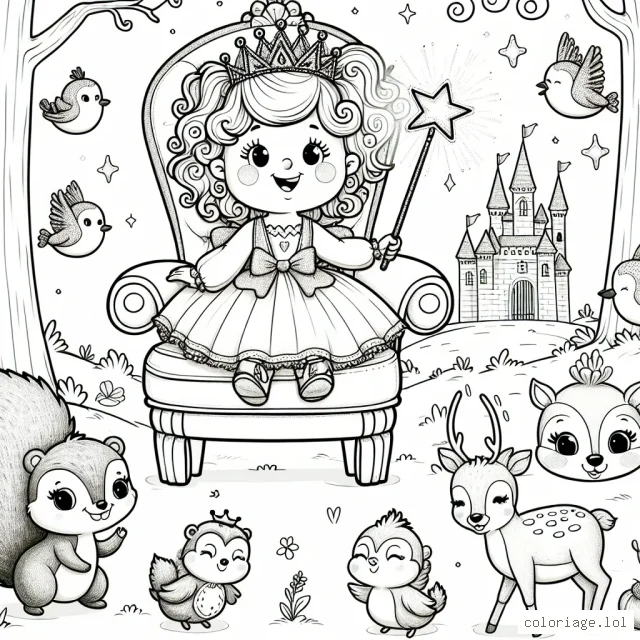 Une petite princesse aux cheveux bouclés est assise sur un trône brillant, entourée de ses animaux de la forêt préférés. Il y a un écureuil qui sautille, un hérisson rougissant, des oiseaux chantants et une biche élégante. Elle tient une baguette magique avec une étoile au bout. Le château féerique se trouve en arrière-plan.