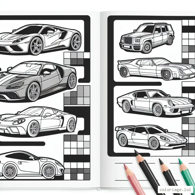Dessine des voitures par marque, incluant des modèles de Mercedes, BMW, Audi et Porsche.