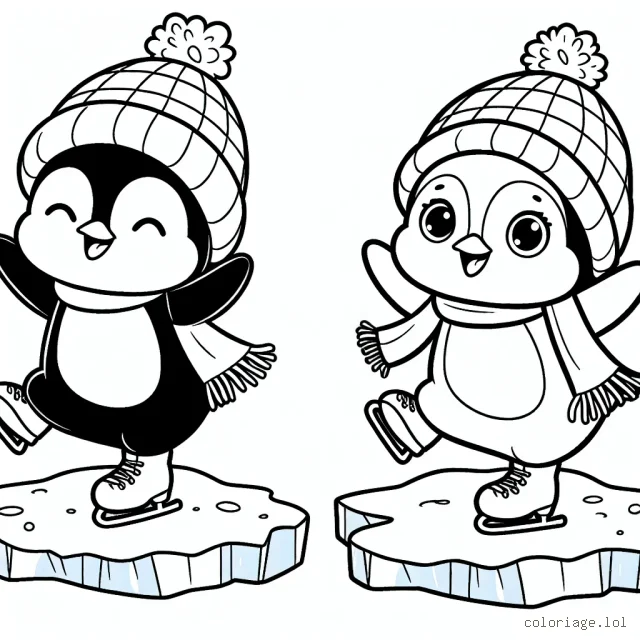Un joyeux pingouin faisant du patin à glace sur une banquise enneigée.