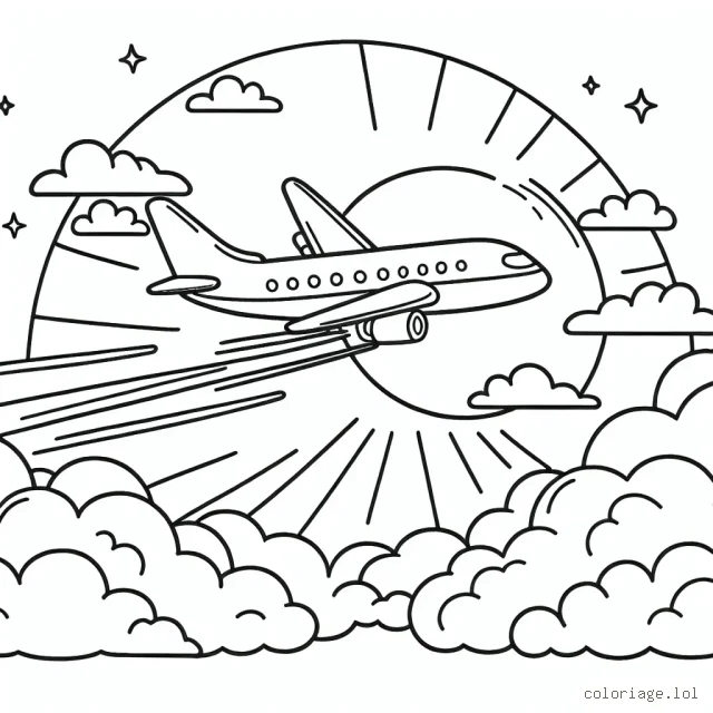 Coloriez l'avion à réaction zoomant à travers les nuages avec le soleil couchant en arrière-plan