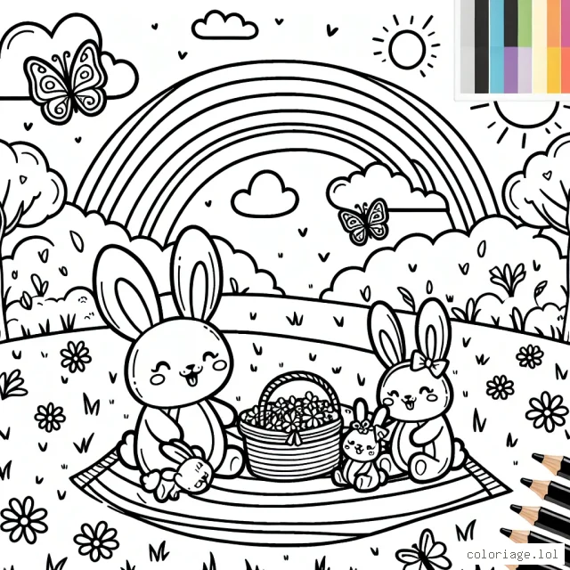 Un scène joyeuse où une famille de lapins est en train de pique-niquer dans une prairie ensoleillée, avec un arc-en-ciel dans le ciel et des papillons autour d'eux.