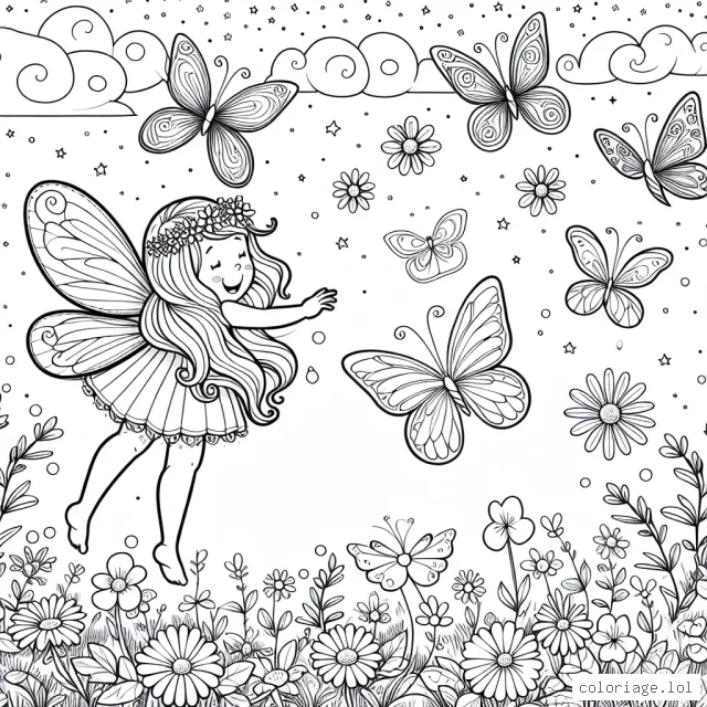Dessine une petite fée magique qui danse joyeusement avec ses amis les papillons, dans une belle prairie remplie de fleurs colorées sous un ciel enchanté.