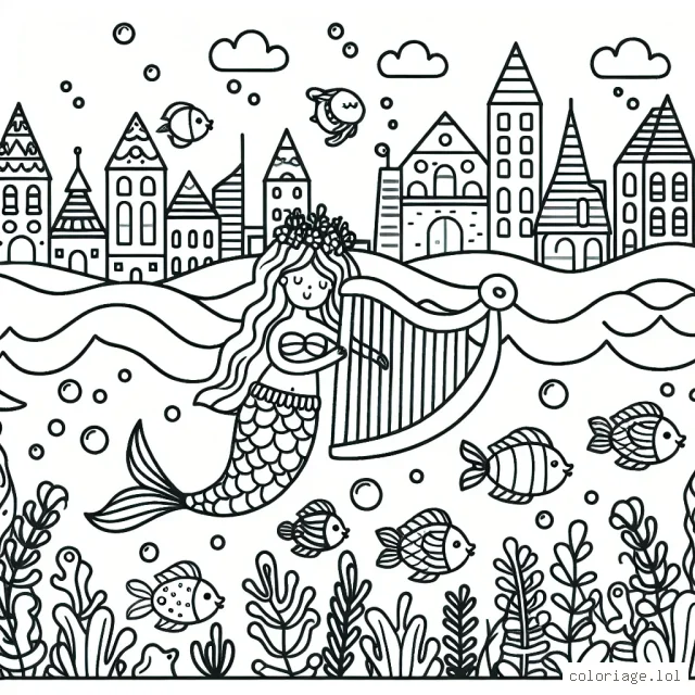 Une citée sous-marine avec des poissons colorés et une sirène joyeuse jouant de la harpe