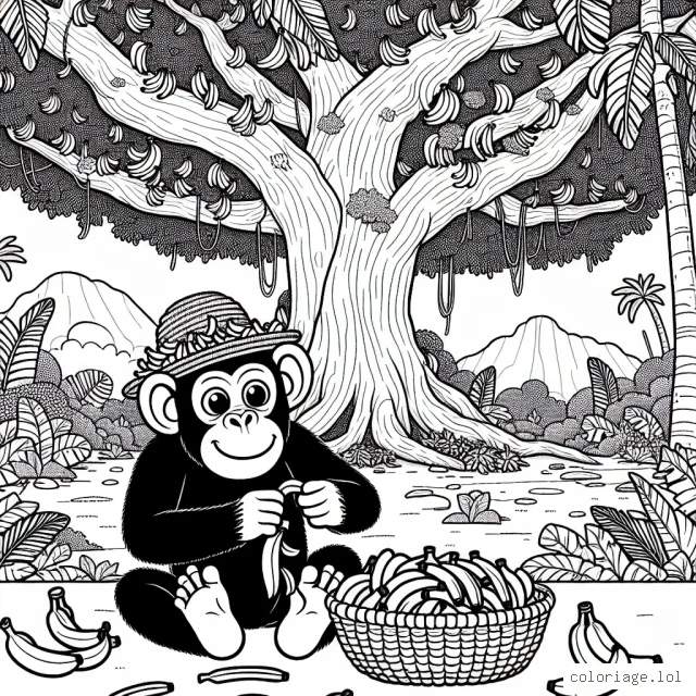 Un chimpanzé façonne un chapeau en bananes sous un arbre gigantesque dans une jungle vibrante.