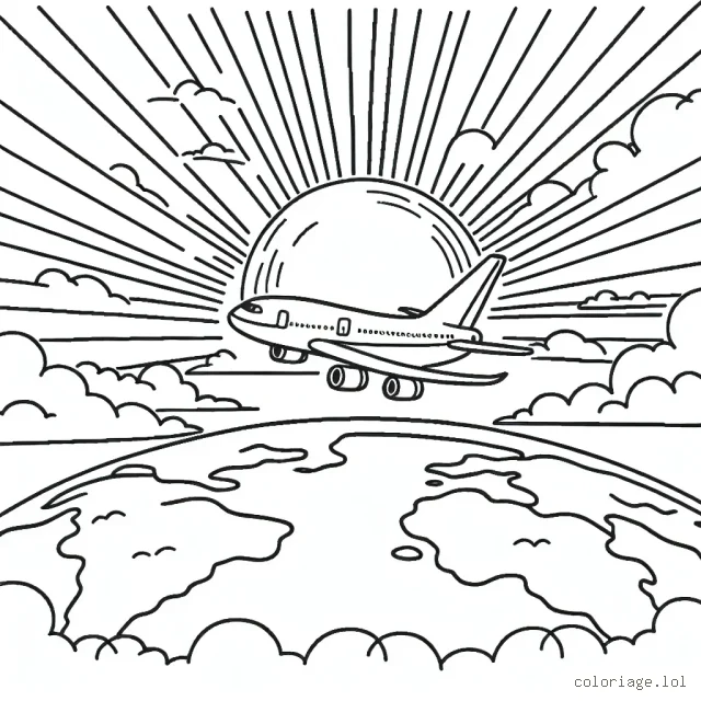 Dessiner un avion de ligne qui survole la terre avec le soleil couchant en arrière-plan.