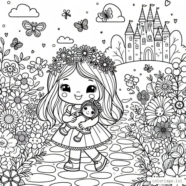 Une petite fille souriante marche dans un jardin magique rempli de fleurs de toutes formes et couleurs, serrant fort sa poupée préférée. Elle est sur un sentier de galets, avec des papillons et des fées volant autour d'elle. Au loin, on peut voir un château multicolore.