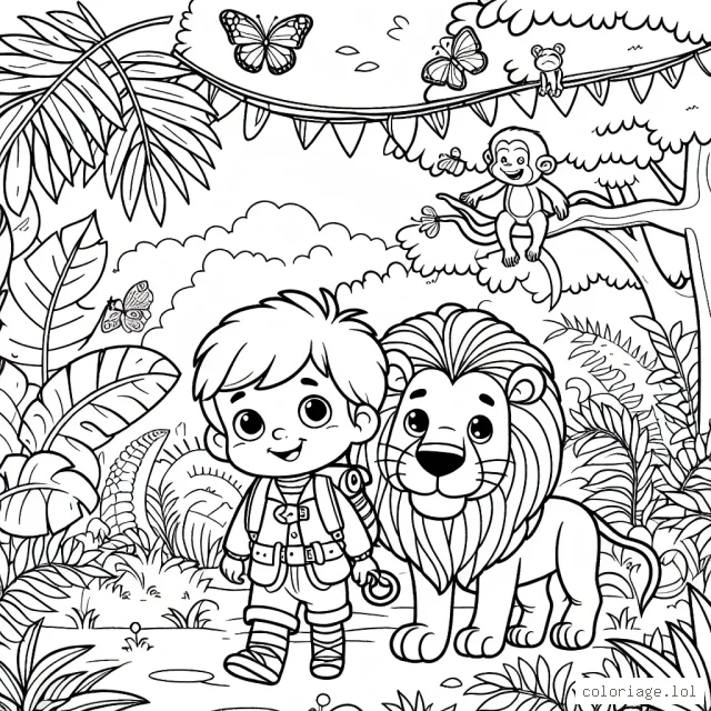 Un petit garçon vit de grandes aventures dans la jungle avec son fidèle compagnon, un lion courageux. Ils sont entourés de plantes luxuriantes, de singes malicieux et de papillons colorés.