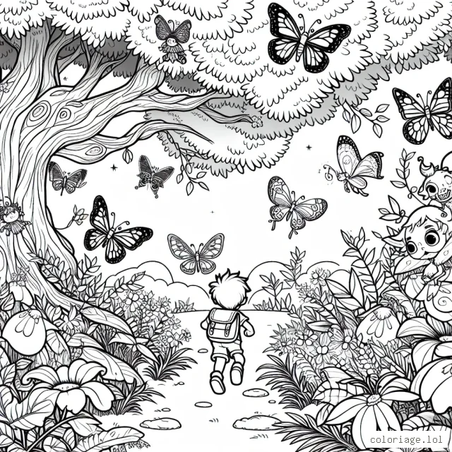 Un petit garçon courageux part à la découverte d'une forêt enchantée peuplée de créatures fantastiques. Des papillons magiques aux couleurs chatoyantes, des arbres séculaires au feuillage dense et foisonnant, des fées espiègles cachées dans les fleurs. À vos crayons pour ajouter de la couleur à cette aventure !