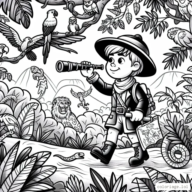 Prenez vos crayons et préparez-vous à passer un bon moment avec ce dessin représentant un jeune garçon courageux en costume d'explorateur qui traverse une jungle mystérieuse remplie de plantes exotiques et d'animaux sauvages. Le garçon porte une longue-vue dans une main et une carte de la jungle dans l'autre. Dans les arbres, on peut voir perroquets colorés, singes espiègles, serpents enroulés et même un jaguar discrètement caché. Les détails du dessin offrent de nombreuses possibilités pour utiliser une variété de couleurs.
