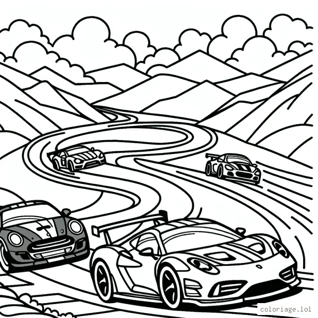 Dessine une course effrénée de voitures de sport sur un circuit rempli de virages et de pentes raides.
