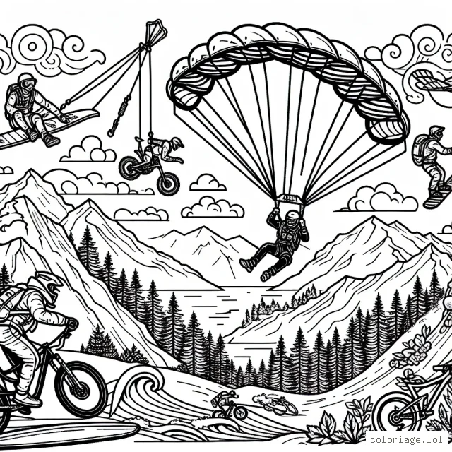Montre un parcours d'un sportif extrême dans le monde magique du sport. Dessin détaillé de plusieurs scènes intenses d'actions en plein air : saut en parachute au-dessus des montagnes, surf sur de grosses vagues, descente en VTT dans la forêt, escalade d'une falaise vertigineuse et snowboard sur une pente enneigée.