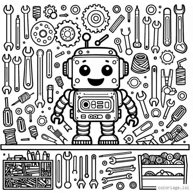 Un joyeux petit robot dans son atelier de bricolage rempli d'outils et de pièces