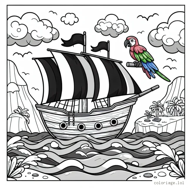 Un navire de pirate en bois navigue sur un océan tumultueux avec un perroquet multicolore assis sur le mât. A l'horizon, une île mystérieuse avec un trésor enfoui est visible.