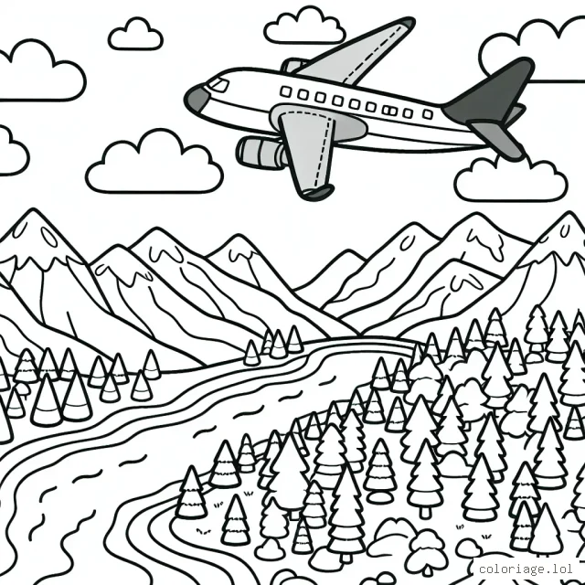 Un avion en plein vol au-dessus d'un paysage varié avec montagnes, rivières et forêts