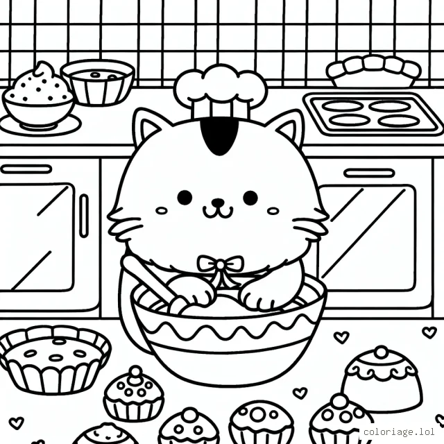 Un chaton qui fait de la patisserie dans une cuisine colorée
