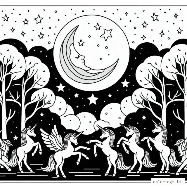 Une troupe de danse de licornes gracieuses se prépare pour une performance étoilée sous la lune.