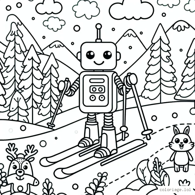 Un robot sympathique faisant du ski sur une montagne enneigée entouré d'animaux de la forêt