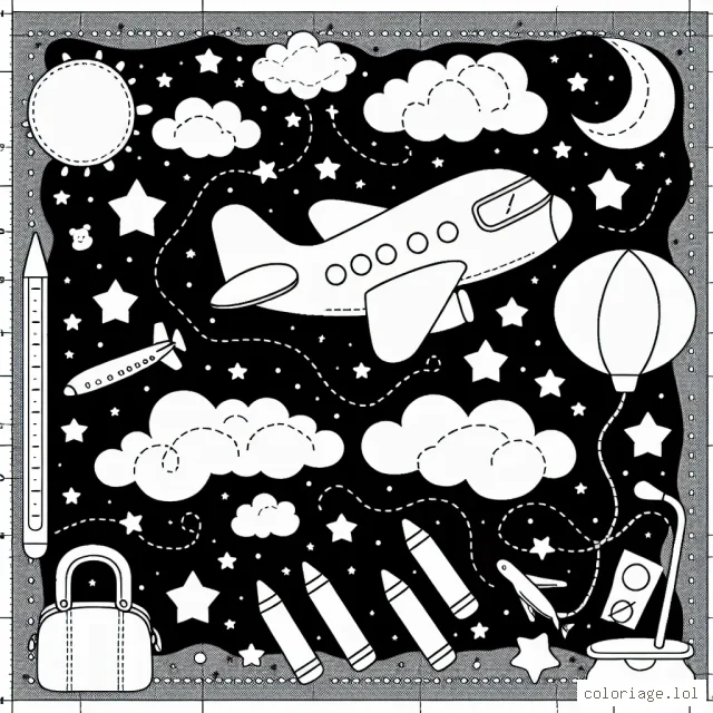 Dessin d'un avion dans le ciel étoilé avec divers autres objets dans la scène