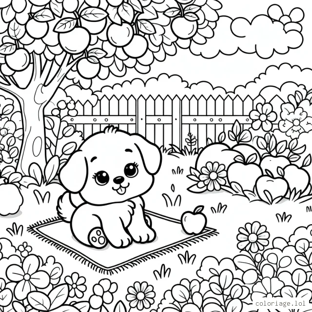 Un petit chiot jouant dans une cour remplie d'arbres fruitiers et de fleurs multicolores.