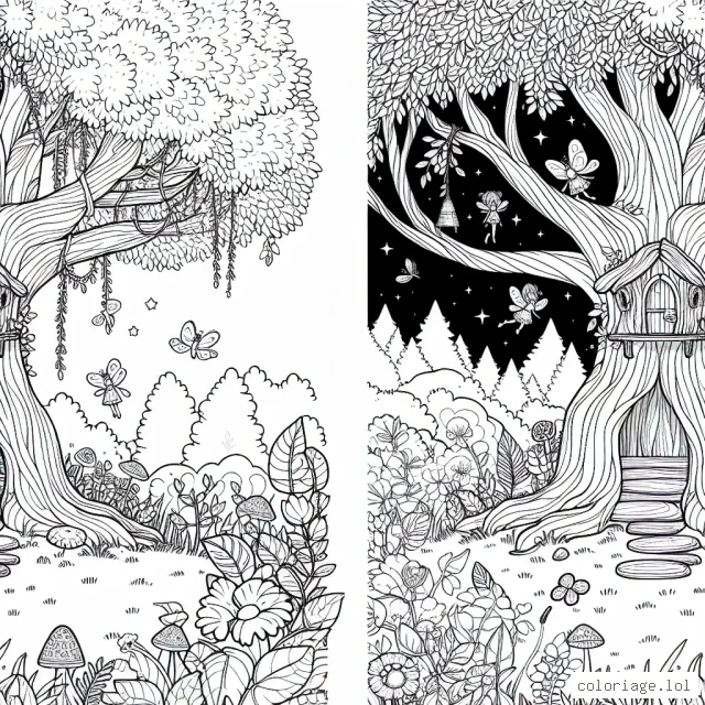 L'enfant est invité à colorier une scène magnifique d'un jardin enchanté peuplé de fées et de petits animaux magiques, avec une cabane dans un grand arbre touffu.