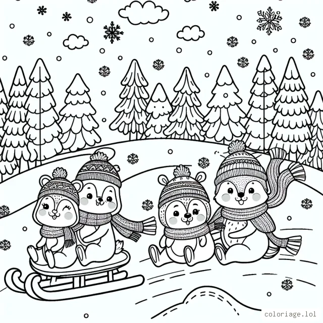 Crée un paysage hivernal magique avec une bande de joyeux animaux de la forêt habillés de chapeaux et d'écharpes colorés pendant qu'ils font de la luge et se jettent des boules de neige.