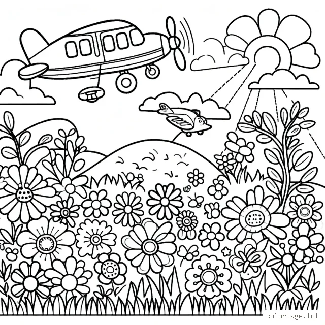 Un avion survolant un jardin rempli de fleurs multicolores et d'animaux