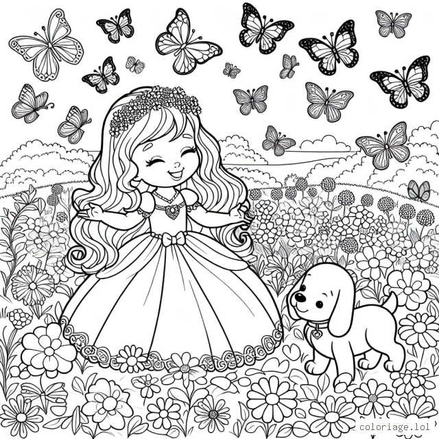 Imagine une petite princesse en train de jouer avec son chien dans un immense jardin fleuri rempli de papillons aux couleurs vives.