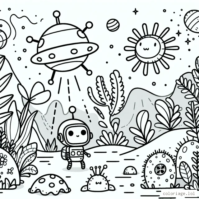 Un petit robot explorant une mystérieuse planète extraterrestre, avec des créatures incroyables et diverses plantes aux formes étranges dans le paysage.