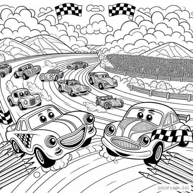 Prépare tes crayons de couleur pour animer une course de voitures amusante ! Cette illustration met en scène des voitures aux visages amicaux qui se défient sur une piste de course. Un paysage de collines, de virages serrés et de foule en plein délire complète cette atmosphère électrisante. Tu peux colorier les voitures, la piste, le sol et le ciel comme tu le souhaite !